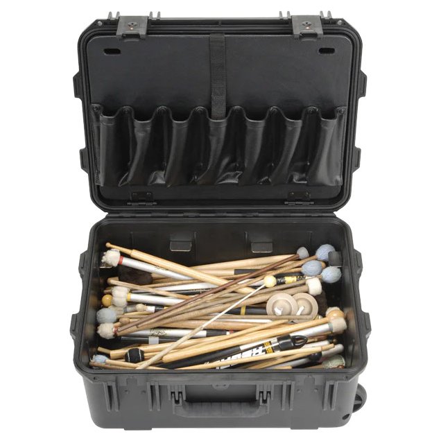 SKB Percussion Case Top View Filled with Drumsticks and Mallets