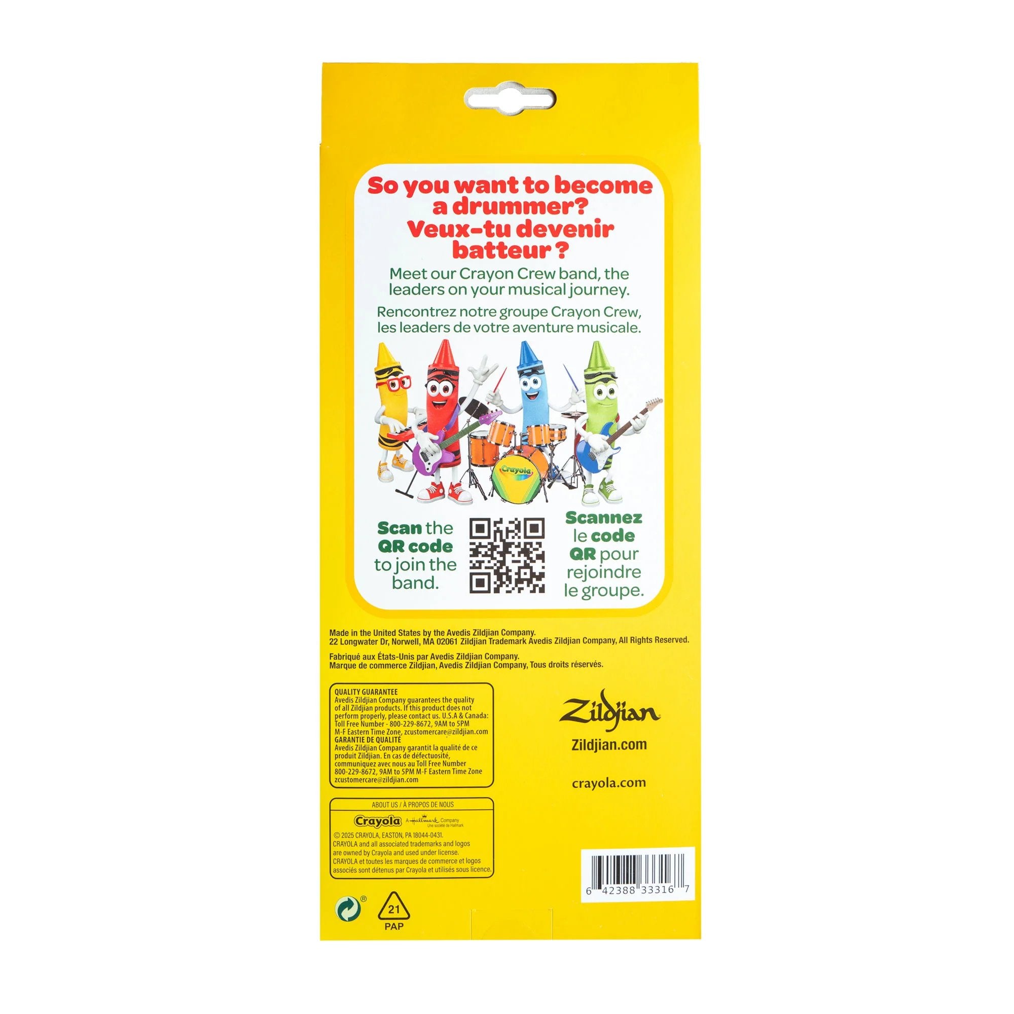 Back of Zildjian Crayola kids drumstick box with product details and specifications