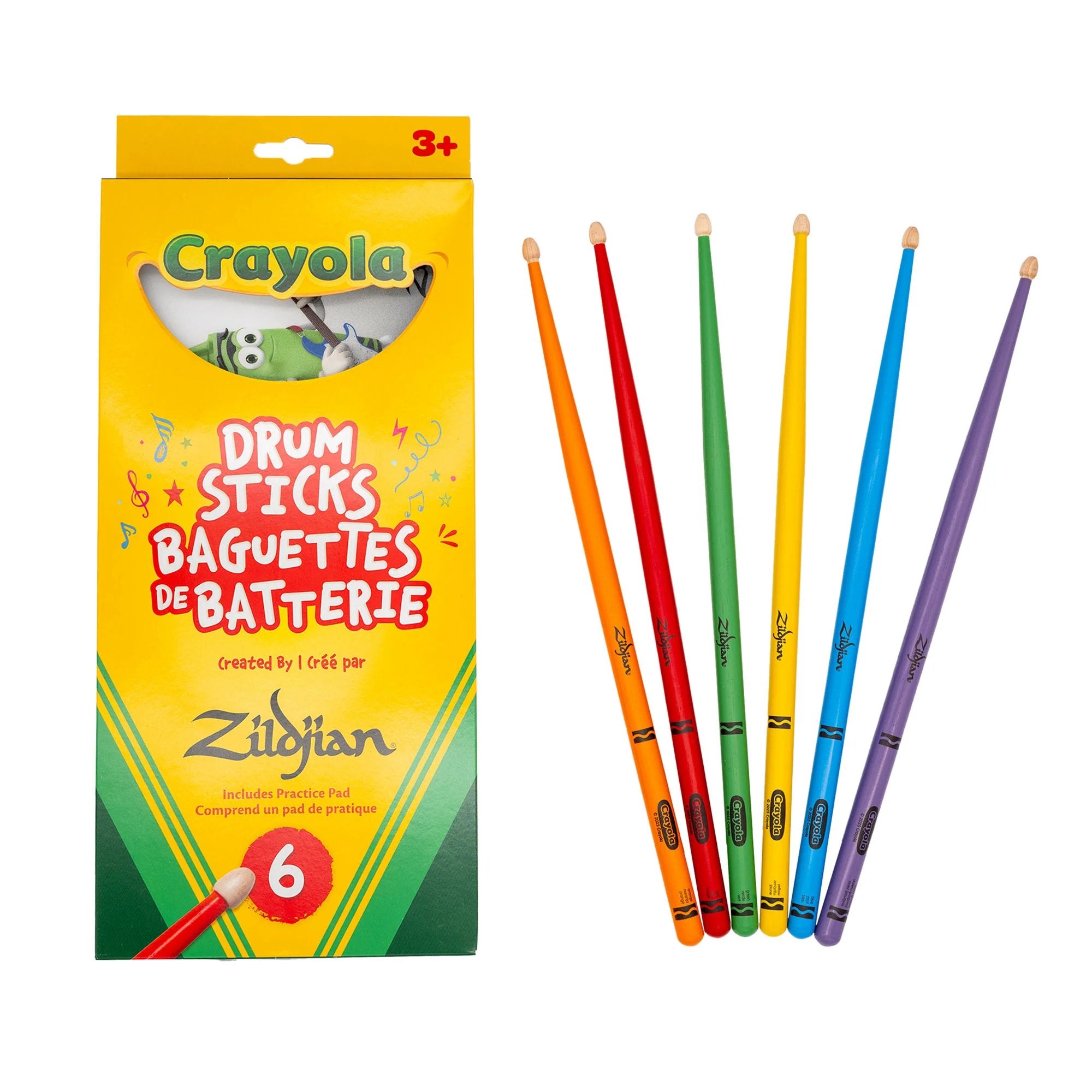 Six colorful Zildjian Crayola kids drumsticks fanned out